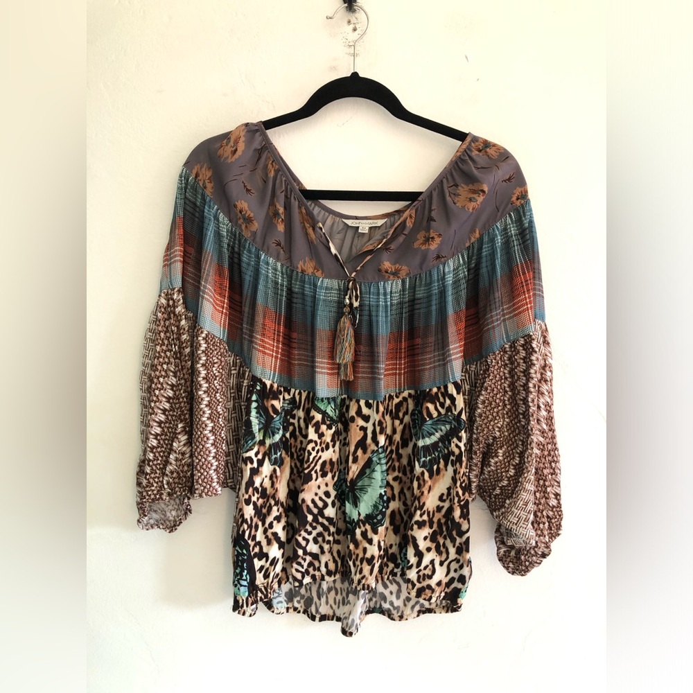 John Mark popover blouse size m long sleeve colorful boho artsy mixed media